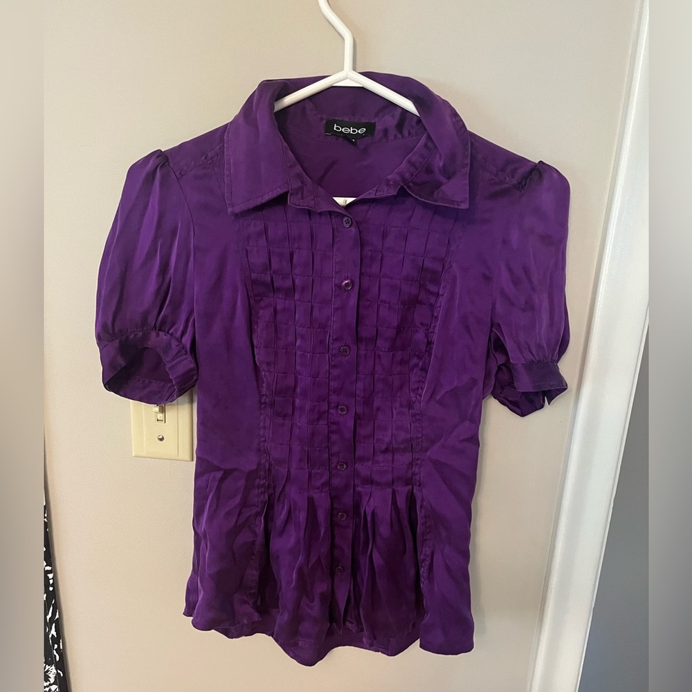 Purple puffy sleave button up top, short sleeve top, bebe satin top